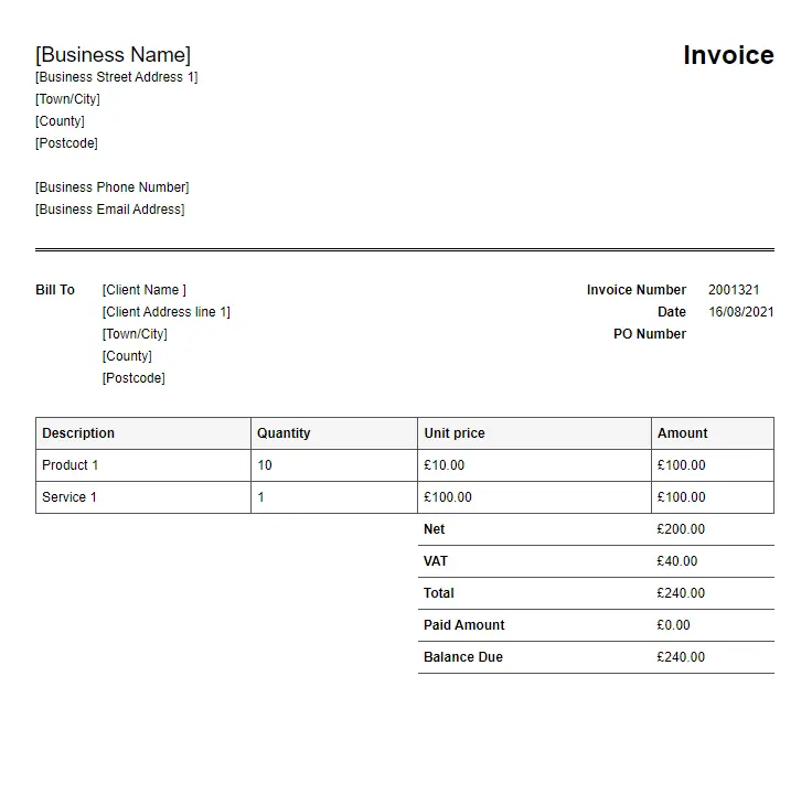 UK TAX Invoice Example