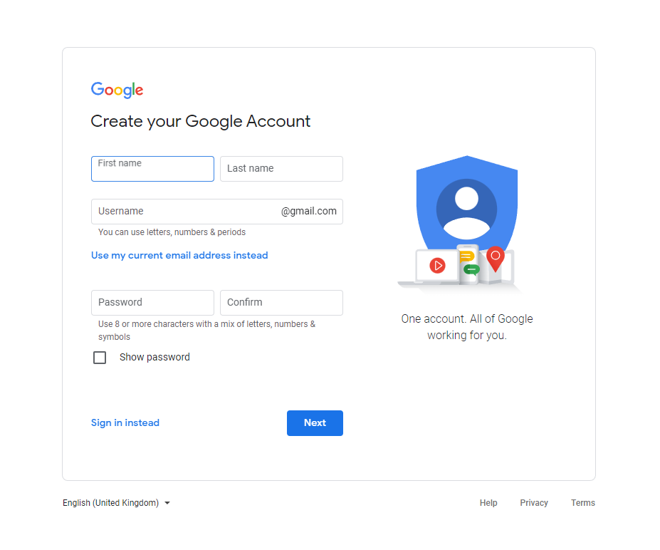 sign up for a free google account
